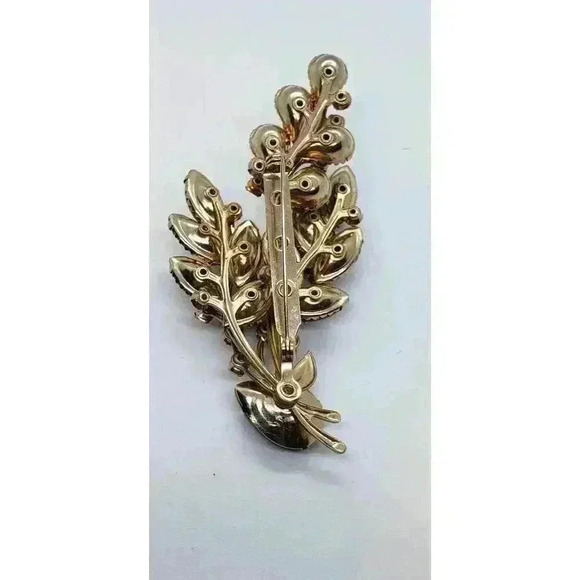 Vintage Brooch Rhinestone Leaf Spray Amber & AB Stones Estate Judy Lee - Picture 5 of 11